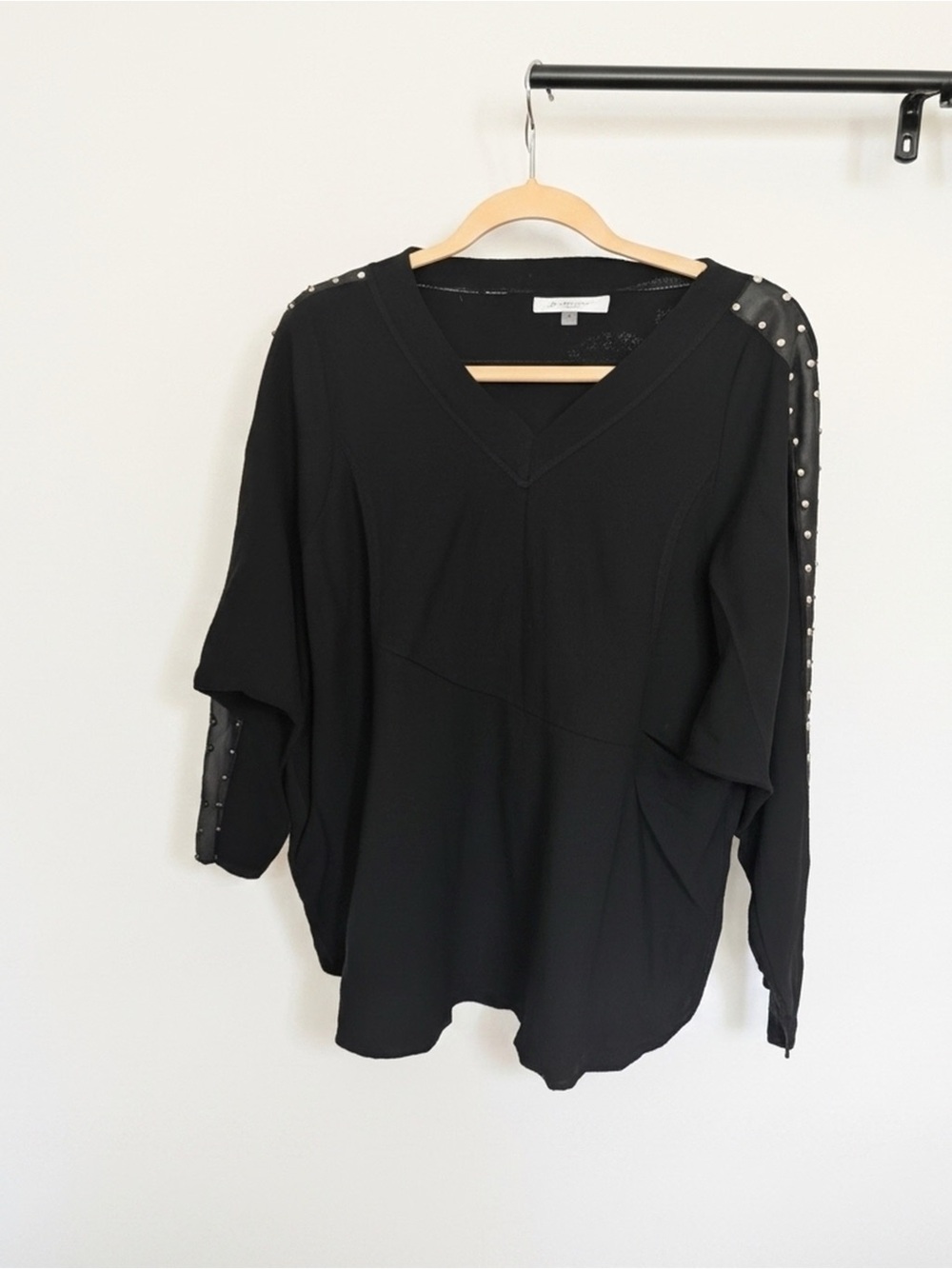 Sioni Black Long Sleeve V-Neck Top with Studded Shoulder Trim